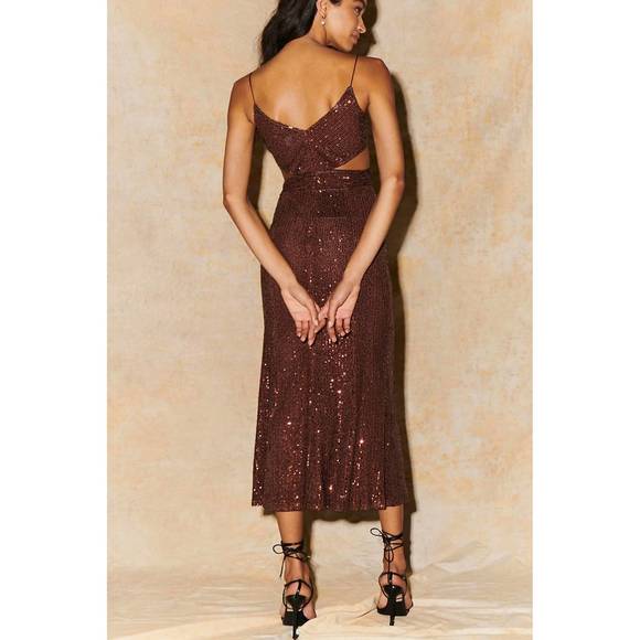 NEW SAYLOR harmonie stretch sequin midi dress in espresso - Picture 2 of 3